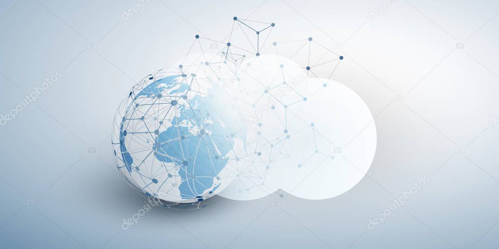 Cloud Computing Design Concept - Digital Connections, Technology Background with Earth Globe and Geometric Network Mesh