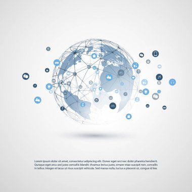 Things Internet, dünya küre ve simgeler ile bulut bilişim tasarım kavramı-Global dijital ağ bağlantıları, akıllı teknoloji kavramı 