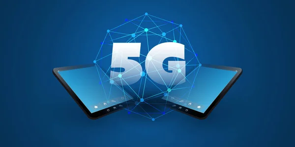 5G Network Label in Front of Tablet PC Devices and Wire Frame Mesh - High Speed, Broadband Mobile Telecommunication and Wireless Internet Design Concept