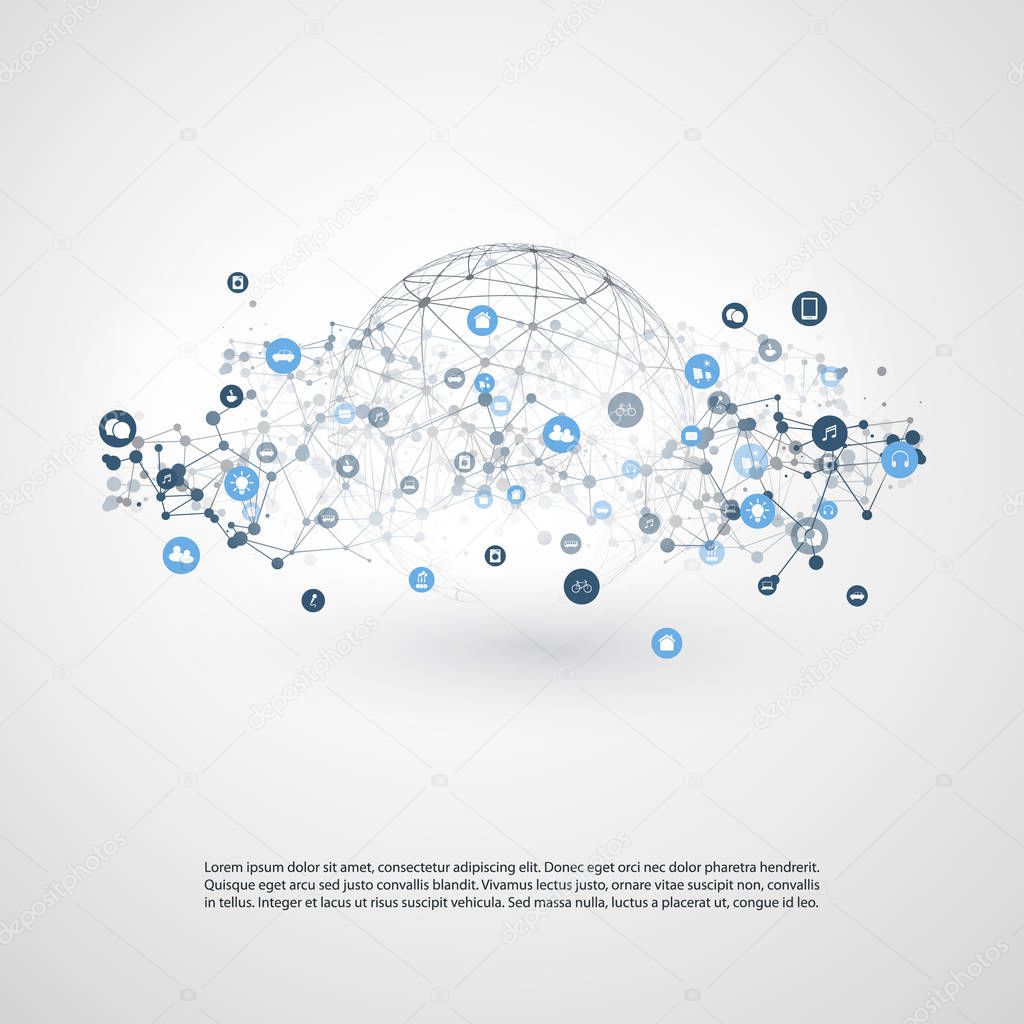 Internet of Things, Cloud Computing Design Concept with Wireframe and Icons - Global Digital Network Connections, Smart Technology Concept