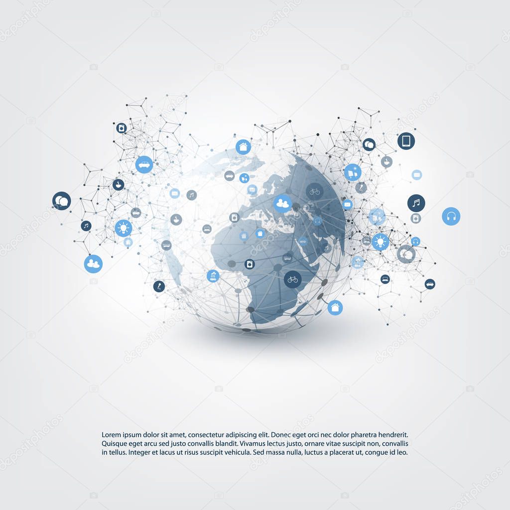 Internet of Things, Cloud Computing Design Concept with Earth Globe and Icons - Global Digital Network Connections, Smart Technology Concept
