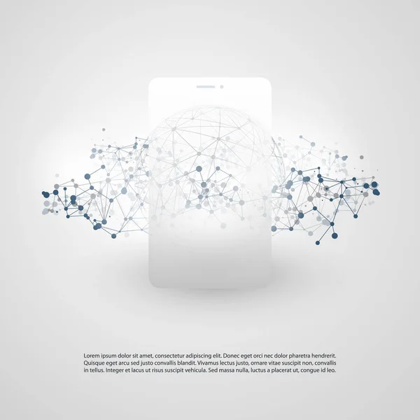 メッシュ ネットワークとスマート フォン シルエット あなたのビジネスのためのベクトル テンプレートのグローバル ネットワーク設計 — ストックベクタ