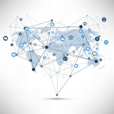 Şeylerin interneti, bulut bilişim tasarım konsepti ile tel kafes, Dünya Haritası ve simgeler-Global dijital ağ bağlantıları, akıllı teknoloji konsepti 