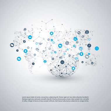 Şeylerin interneti, bulut bilişim tasarım konsepti ile tel kafes ve simgeler-Global dijital ağ bağlantıları, akıllı teknoloji konsepti