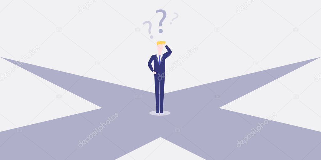 Business Decision Design Concept. Businessman Standing on the Crossroads - Eps10 Vector Illustration