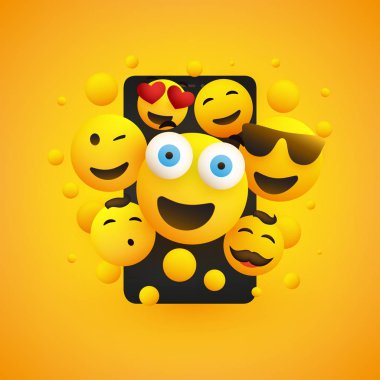 Çeşitli gülümseyen mutlu sarı ifadeler bir akıllı telefon ekranının önünde konsept illüstrasyon vektör