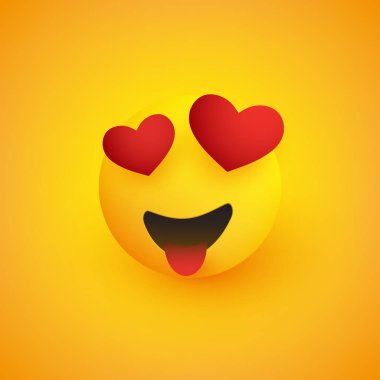 Kalp Şeklinde Gözleri ve Sarı Arka Planda Dil Stuck Out Ile Gülümseyen Yüz - Vektör Tasarımı