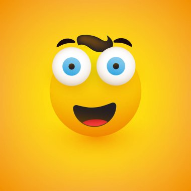 Gülümseyen emoji-sarı arka plan üzerinde gözler ve saç dışarı pop ile basit mutlu emoticon-vektör tasarım