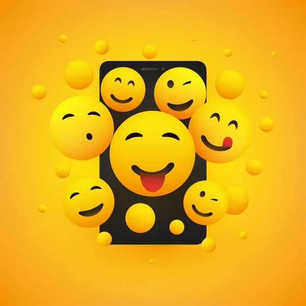 Různé Usmívající Šťastný Žlutý Emotikony Smartphone Obrazovky Vektorové Ilustrace Koncept — Stockový vektor