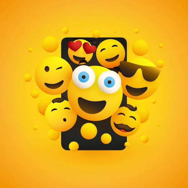 Varie Emoticon Gialle Felici Sorridenti Davanti Allo Schermo Uno Smartphone — Vettoriale Stock