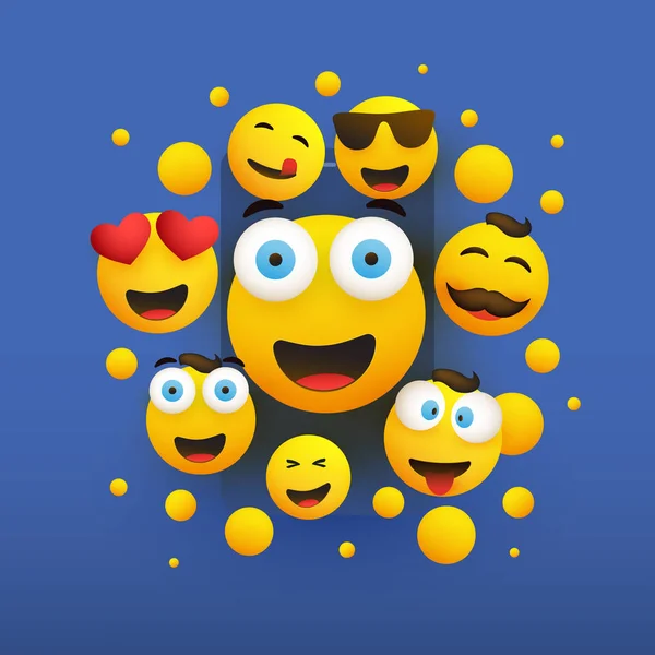 Varie Emoticon Gialle Felici Sorridenti Sfondo Blu Illustrazione Del Concetto — Vettoriale Stock