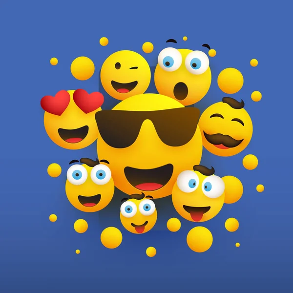 Różne Uśmiechnięte Happy Yellow Emotikony Niebieskim Tle Wektor Concept Ilustracja — Wektor stockowy