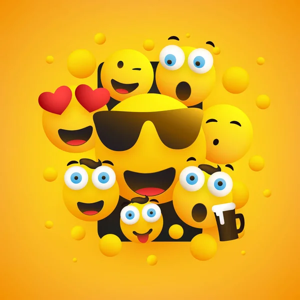 Различные Улыбающиеся Счастливые Желтые Эмотиконы Перед Экраном Смартфона Жёлтом Фоне — стоковый вектор