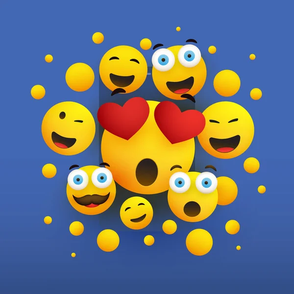 Różne Uśmiechnięte Happy Yellow Emotikony Niebieskim Tle Wektor Concept Ilustracja — Wektor stockowy