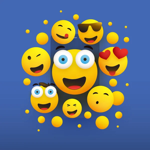 Mavi Arka Plan Üzerine Çeşitli Gülümseyen Mutlu Sarı Fadeler Vektör — Stok Vektör