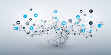 Nesnelerin İnterneti, Wireframe ve Icons ile Bulut Bilişim Tasarım Konsepti - Global Dijital Ağ Bağlantıları, Akıllı Teknoloji Vektör Konsepti