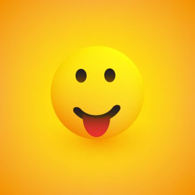 Emoji ile gülümseyen dil - sarı arka plan üzerinde basit mutlu ifade - vektör tasarımı sıkışmış