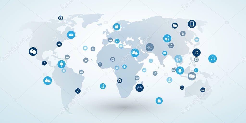 Internet of Things, Cloud Computing Design Concept with World Map - Digital Network Connections, Technology Background