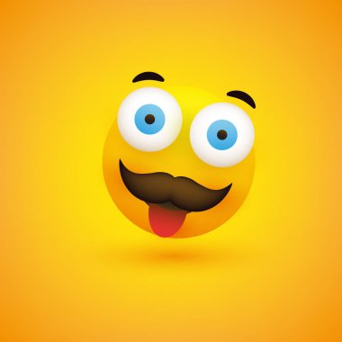 Emoji - göz, dil ve bıyık sarı zemin üzerine dışarı Pop ile basit mutlu ifade - vektör tasarımı gülümseyen