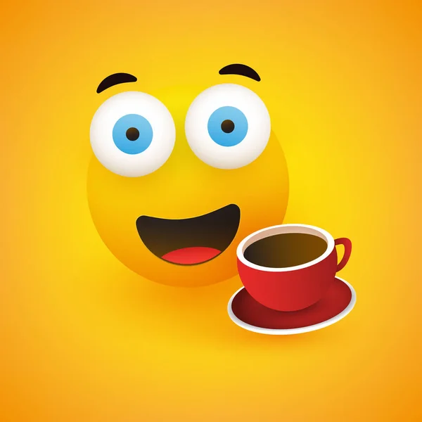 微笑的情调 简单快乐的情调与爆出的眼睛和一杯咖啡的黄色背景 向量设计 — 图库矢量图片