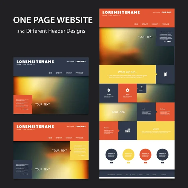 Kleurrijke Één Pagina Website Template Verschillende Header Ontwerpen Met Wazige — Stockvector