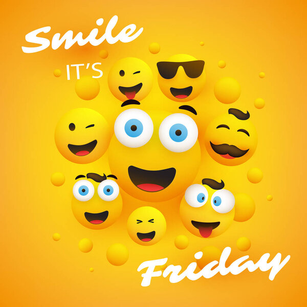 Улыбнись! Сегодня пятница - Баннер Дизайн с группой различных видов Emoji
