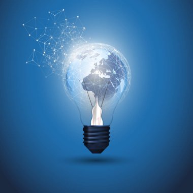 Soyut Bulut Hesaplama, Elektrik ve Küresel Ağ Bağlantıları Parlayan Ampul ve Şeffaf Geometrik Ağ İçinde Dünya Küresi Tasarımı - Düzenlenebilir Vektör Biçiminde Görüntü