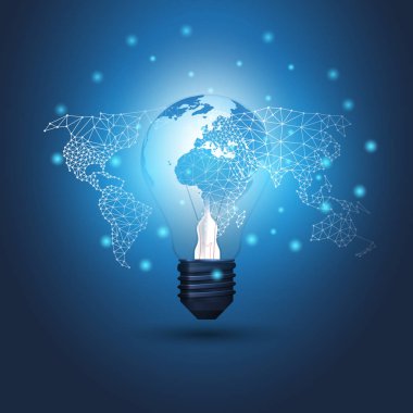 Soyut Bulut Hesaplama, Elektrik ve Küresel Ağ Bağlantıları Parlayan Ampul ve Şeffaf Geometrik Ağ İçinde Dünya Küresi Tasarımı - Düzenlenebilir Vektör Biçiminde Görüntü