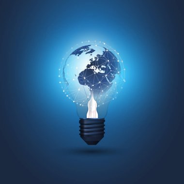 Soyut Bulut Hesaplama, Elektrik ve Küresel Ağ Bağlantıları Parlayan Ampul ve Şeffaf Geometrik Ağ İçinde Dünya Küresi Tasarımı - Düzenlenebilir Vektör Biçiminde Görüntü