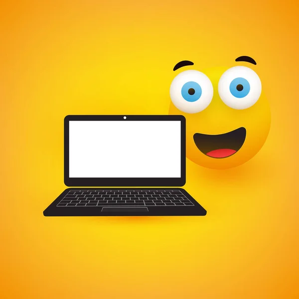 Happy Smiling Emoji Emoticon Wyskakującymi Oczami Laptopem Żółtym Tle Vector — Wektor stockowy