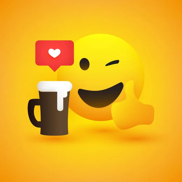 Smiling Winking Emoji Showing Thumbs Простий Блискучий Щасливий Смайлик Пивом — стоковий вектор