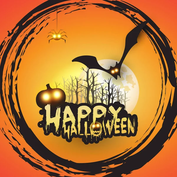 Happy Halloween Card Template Design Pipistrelli Volanti Sopra Boschi Autunnali — Vettoriale Stock