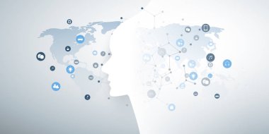 Makine Öğrenme, Yapay Zeka, Bulut Hesaplama ve Ağ Tasarımı İnsan veya Robot Yüz Silueti, Simgeler, Dünya Haritası ve Ağ Ağı