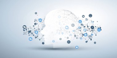 Makine Öğrenme, Yapay Zeka, Bulut Hesaplama ve Ağ Tasarımı İnsan ya da Robot Yüzlü Siluet, Simgeler ve Çokgen Ağ Ağları Konsepti