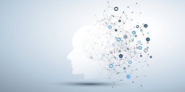 Makine Öğrenme, Yapay Zeka, Bulut Hesaplama ve Ağ Tasarımı İnsan ya da Robot Yüzlü Siluet, Simgeler ve Çokgen Ağ Ağları Konsepti