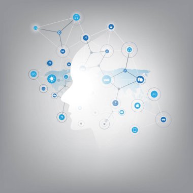 Fütürist Makine Öğrenme, Yapay Zeka, Bulut Hesaplama ve Ağ Tasarımı İnsan veya Robot Yüz, Simgeler, Dünya Haritası ve Çokgen Ağ Ağı