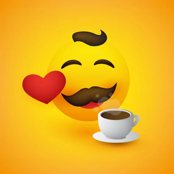 Lachende Happy Coffee Lover Eenvoudige Emoticon Met Gesloten Ogen Snor — Stockvector