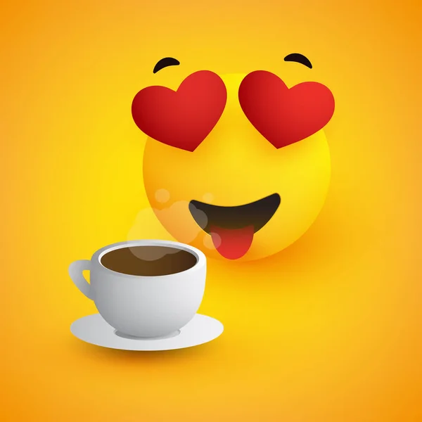 快乐咖啡情人的微笑 心形眼睛的简单感情用事与黄色背景下的一杯咖啡 病媒设计 — 图库矢量图片