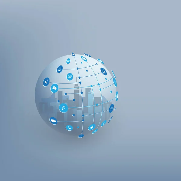 Smart City Cloud Computing Design Concept Wireframe Sphere Icons Dijital — Stok Vektör