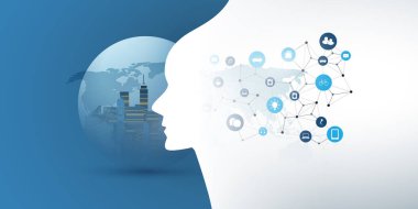 Smart City, Automatic Digital Control, Deep Learning, Yapay Zeka ve Gelecek Teknolojileri Tasarımı Bir Küre İçinde Şehir ve İnsan Başı Silueti - Vektör İllüstrasyonu