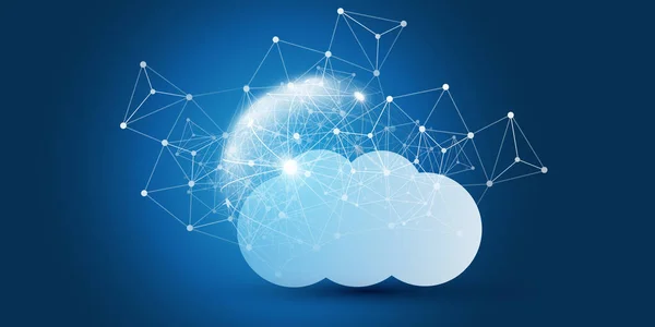 Designkonzept Cloud Computing Digitale Verbindungen Technologischer Hintergrund Mit Drahtrahmenkugel Und — Stockvektor