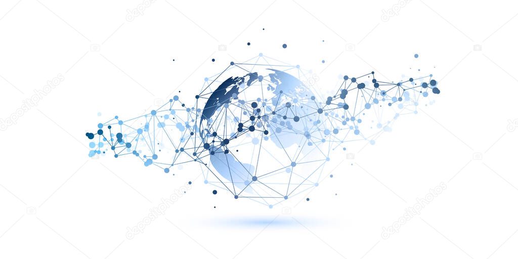 Abstract Blue and White Minimal Style Cloud Computing, Networks Structure, Telecommunications Concept Design, Network Connections, Transparent Geometric Mesh, Earth Globe - Vector Illustration