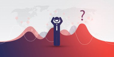 Küresel Ekonomik Çöküş Corona Virüs Salgını - Enfeksiyon Dalgaları, Mali Sorunlar, Ekonomik Kriz - Dünya Haritası, Grafikleri ve İşadamı Başında Tutan Tasarım Konsepti