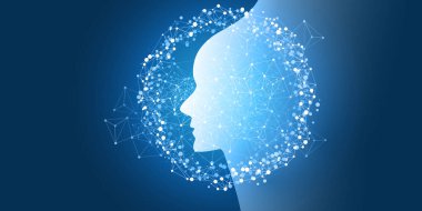 Gelecekçi Makine Öğrenme, Yapay Zeka, Bulut Hesaplama, Otomatik Destek Desteği ve Ağ Tasarımı Robot veya İnsan Yüzü Silüeti ve Wireframe Design Concept