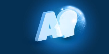 Fütürist Makine Öğrenme, Yapay Zeka, Bulut Hesaplama, Otomatik Destek ve Ağ Tasarımı 3D AI Etiketi, Robot veya İnsan Yüzü Silueti ve Kablo Küre