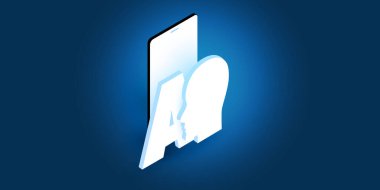 Gelecekçi Makine Öğrenme, Yapay Zeka, Bulut Hesaplama, Otomatik Destek ve Ağ Tasarımı Isometric AI Etiketi, Robot veya İnsan Yüzü Silueti ve Akıllı Telefon Konsepti