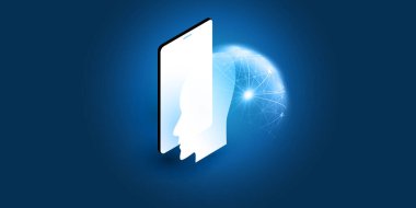 Gelecekçi Makine Öğrenme, Yapay Zeka, Bulut Hesaplama, Otomatik Destek ve Ağ Tasarımı Isometric AI Etiketi, Robot Surat Silueti, Dünya ve Akıllı Telefon