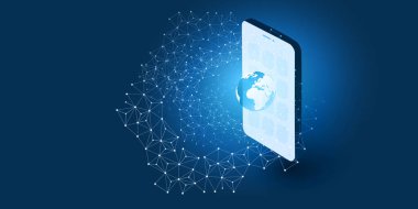 Soyut Mavi Asgari Bulut Hesaplama, Ağlar, Tüketici Telekomünikasyon Tasarımı Çokgen Ağ, Parlak Cep Telefonu ve Dünya Küresi - Vektör İllüstrasyonu