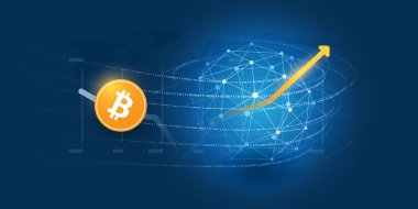 Kripto Para Birimi Yatırımında Başarı - Akan Veri, Küre ve İstatistik Diyagramlı Bit Para Tasarımı - Vektör İllüzyonu