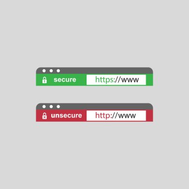 Web Browser Address Bars Showing Secure and Insecure Addresses - Mandatory Secure Browsing, Encoded Transfers and Connections Trend - Vector Concept clipart